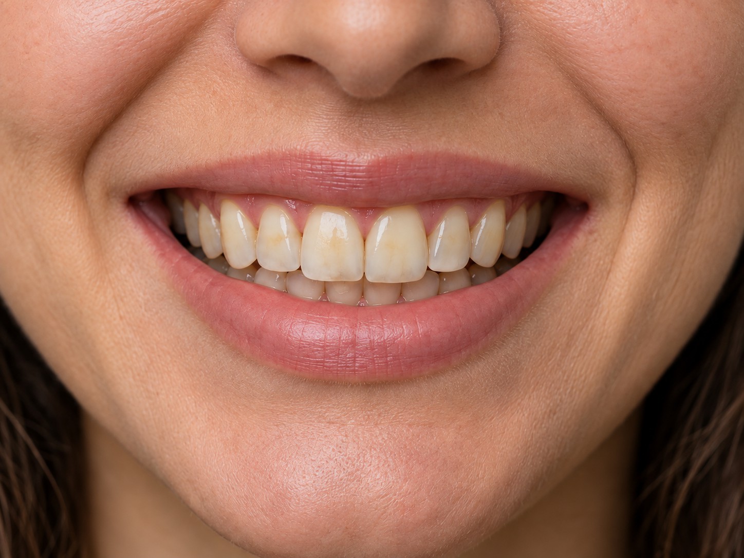 Lower teeth before composite filling, cavity visible on molar